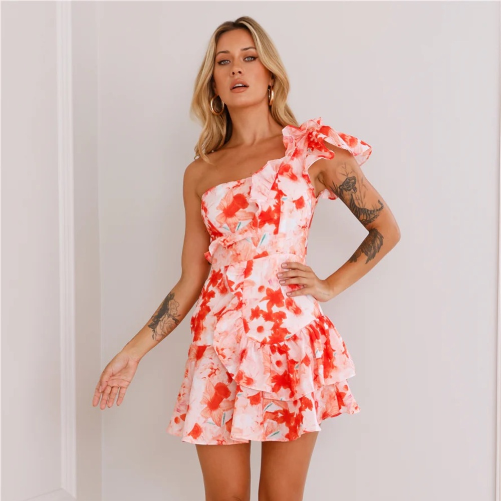Hello Molly Floral One Shoulder Dress - Pink and Red